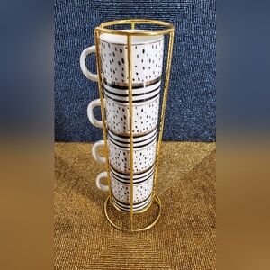 5pc Grace Teaware Stackable 2.3 oz. Gold Polkadot Coffee Espresso Mugs & Holder